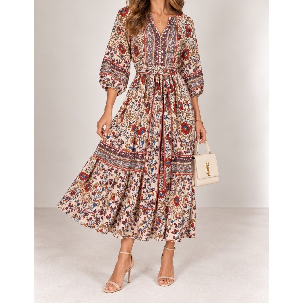 Sue Sartor Paloma Flounce Dress Red Blue Floral Block Print Cotton Midi XL